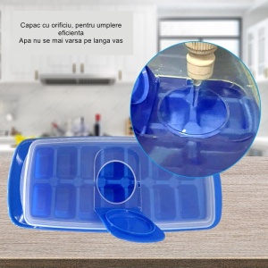 Forma pentru cuburi de gheata Flippy, 14 cuburi, reutilizabil, plastic alimentar, cu capac, orificiu umplere, dreptunghiulara, 29.5 x 12.5 x4 cm, albastru - Img 7