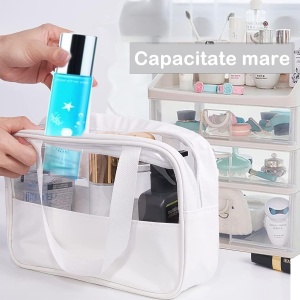 Geanta cosmetice Flippy, pentru voiaj sau organizare, material PVC/textil, impermeabila, portabila, 26 x 15 x 10 cm, alb - Img 7