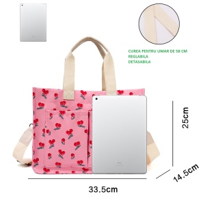 Geanta de Mana/Umar, Multifunctionala, Flippy, Inchidere cu Capsa, Imprimeu Cirese, Material Textil, 33.5 x 25 x 14.5 cm, Roz - Img 3