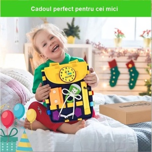 Ghiozdan Montessori, Flippy, pentru Copii 2-6 ani, Fidget Pop, cu Catarame si Fermoare, Jucarii Senzoriale, Activitate de Invatare prin Joc, Albastru Marin, 0.25 kg, 28x10x23 cm - Img 2