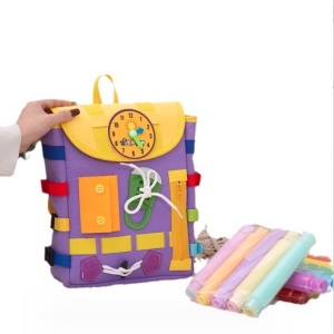 Ghiozdan Montessori, Flippy, pentru Copii 2-6 ani, Fidget Pop, cu Catarame si Fermoare, Jucarii Senzoriale, Activitate de Invatare prin Joc, Mov, 0.25 kg, 28x10x23 cm - Img 4
