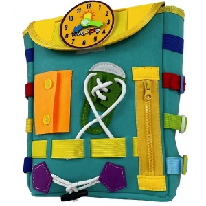 Ghiozdan Montessori, Flippy, pentru Copii 2-6 ani, Fidget Pop, cu Catarame si Fermoare, Jucarii Senzoriale, Activitate de Invatare prin Joc, Turcoaz, 0.25 kg, 28x10x23 cm - Img 1