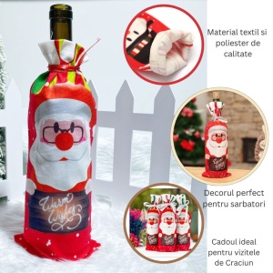 Husa Craciun pentru sticla de vin Flippy, tema Mos Craciun, material textil, 34 cm, multicolor - Img 3