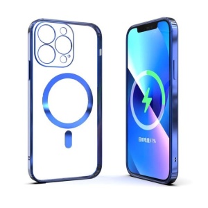 Husa MagSafe pentru Apple iPhone 13 Pro, Full Cover, Protectie camera, Margini colorate Electroplating, Magnetica, Incarcare Wireless, Flippy, Albastru - Img 4