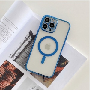 Husa MagSafe pentru Apple iPhone 14 Pro Max, Protectie camera, Full TPU, Margini colorate Electroplating, Magnetica, Incarcare Wireless, Flippy, Albastru - Img 4