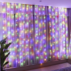 Instalatie Craciun, Tip Perdea, 1 m x 1 m, 60 LED-uri, Multicolor, Controler, 8 jocuri de lumini, Interconectabila, Fir transparent, Interior/ Exterior, Yoto - Img 1