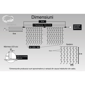 Instalatie Craciun, Tip Perdea, IP44, 8 m x 2 m, 960 LED-uri, Alb rece, cu flash, Transformator cu telecomanda, Interconectabila, Prelungitor 5 m inclus, Fir transparent, Interior/ Exterior, Flippy - Img 6