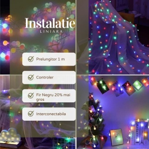 Instalatie de Craciun Liniara RGRB Yoto, 10 m, din care 1 m Prelungitor 220V, 40 LED, Bilute Mate, Interconectabila, Utilizare Interior/Exterior, Fir Negru, multicolor - Img 2