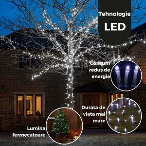 Instalatie de Craciun Liniara Yoto, 22 m, din care 1 m Prelungitor 220V, 300 LED, 8 jocuri de lumini, Controler, Utilizare Interior/Exterior, Fir Negru, Alb Rece - Img 2