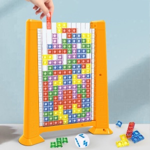 Joc de inteligenta Tetris puzzle tangram Flippy, 70 de piese multicolore, 3D, montessori, interactiv, din plastic, zar inclus, sac depozitare piese, varsta peste 6 ani, 23 x 19.8 x 5 cm, cadru galben - Img 4