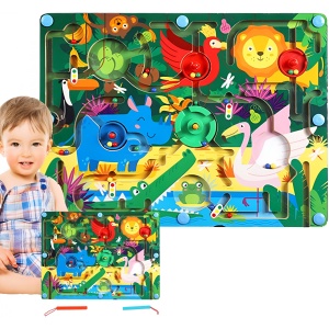 Joc Montessori de Sortare Culori, Flippy, Creion Magnetic, Tip Labirint Ilustrat, din Lemn, Model Animale Salbatice, 39x29x1.5 cm - Img 10
