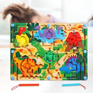 Joc Montessori de Sortare Culori, Flippy, Creion Magnetic, Tip Labirint Ilustrat, din Lemn, Model Dinozauri, 39x29x1.5 cm - Img 6