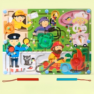 Joc Montessori de Sortare Culori, Flippy, Creion Magnetic, Tip Labirint Ilustrat, din Lemn, Model Meserii, 39x29x1.5 cm - Img 3