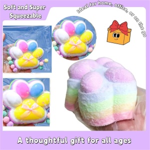Jucarie Antistres Squishy, Flippy, cu Revenire Lenta, Model Labuta de Pisica Pufoasa, 12.5x10.5 cm, 220g, Squeeze Pinch Family, Ambalaj Transparent, Roz Curcubeu - Img 2