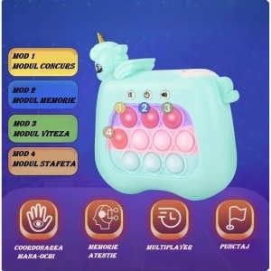 Jucarie Interactiva Tip Consola pentru Copii, Flippy, 12 Nivele, Diferite Moduri de Joc, Material ABS/silicon, cu Nivele, Sunete si Lumini, 13.5 x 5.5 x 12.5 cm, Model Unicorn, Albastru - Img 4