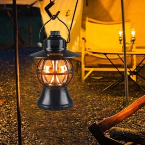 Lampă de camping retro portabilă, Felinar Vintage LED ABS, Acumulator inclus 1200 mAh, reincarcabila, 20 cm inaltime, 3 moduri de iluminare, intensitate reglabila,Lampa portabila pentru cort în aer liber, Negru - Img 2
