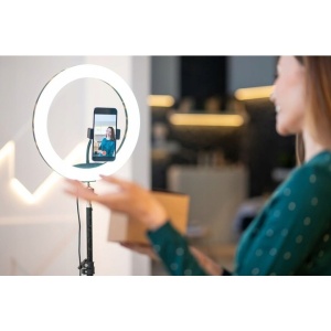 Lampa LED Circulara cu Trepied Metalic Extensibil, Flippy, Rotativa 360 de Grade, Lungime Extensie 210 cm, Diametru Lampa 26 cm, Conectare USB, Telecomanda, 3 Trepte de Lumina, Negru - Img 8