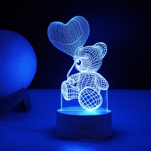 Lampa LED decorativa, Flippy, 3D, Ursulet cu balon inima, cu telecomanda, doua moduri de alimentare USB si baterii, 20 cm inaltime, din material acril si lumina multicolora, alb - Img 4