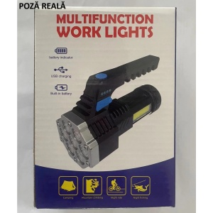 Lanterna LED Lumina Puternica, Rezistenta la Apa, Tip Proiector COB, Flippy, Lanternă Reincarcabila, USB, cu Maner pentru Drumetii, Lanterna de Urgenta, Aer Liber, 14.1 x 6.4 cm, Culoare Negru cu Comutator Albastru - Img 7