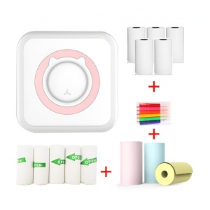 Mini Imprimanta Foto Portabila, Flippy, 5 Role de Hartie Termica, 5 Role Autocolante, 3 Role Colorate, Pixuri, Incarcare USB, Model Pisica, Alb Roz - Img 4