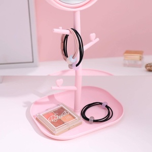 Oglina Cosmetica cu Picior, Flippy, HD, Rotire 360 Grade, 15 cm Diametru, Suport Bijuterii Baza + Brate, Model cu Urechi, 30 x 16.5 x 15 cm, Roz - Img 4