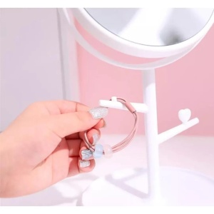Oglina Cosmetica cu Picior, Flippy, HD, Rotire 360 Grade, 15 cm Diametru, Suport Bijuterii Baza Rotunda + 2 Brate, Model cu Urechi, 31 x 14.5 x 15 cm, din Plastic, Alb - Img 3