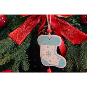 Ornament de brad ciorap cu clopotel, Flippy, multicolor, lemn, 17 cm - Img 4