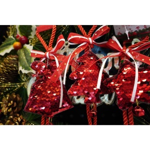 Ornament de brad clopotel cu paiete, Flippy, rosu, lemn, 25 cm - Img 6