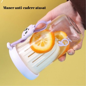 Pahar din silicon, cu capac si pai, pentru copii, Flippy, anti-cadere, compartiment pentru fructe/ceai/gheata, rezistent la temperaturi inalte, 500ml, Mov, 14.5x8.8x20 cm - Img 3