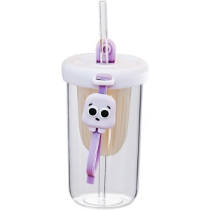 Pahar din silicon, cu capac si pai, pentru copii, Flippy, anti-cadere, compartiment pentru fructe/ceai/gheata, rezistent la temperaturi inalte, 500ml, Mov, 14.5x8.8x20 cm - Img 1