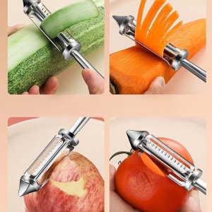 Peeler 2in1 pentru Legume si Fructe, Flippy, Multifunctional, cu 2 Lame de Curatati si Feliat, Varf Ascutit pentru Gaurit, 18 cm, din Otel Inoxidabil, Argintiu/Negru - Img 3