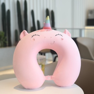 Perna de Calatorie in Forma de U, Flippy, Pentru Gat si Cap, Umplutura din Spuma cu Memorie, 30x30 cm, Model Unicorn, Accesoriu de Voiaj, Birou, Masina, Sistem Prindere Capse, Roz - Img 6