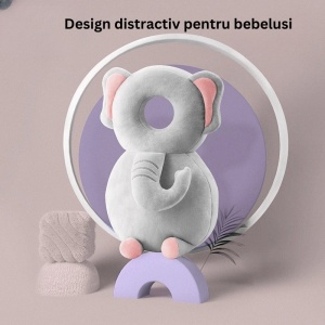 Perna tip Rucsac pentru Protectia Capului, Flippy, Tetiera tip Elefant de Plus, pentru Bebelusi, 33x6x19 cm, 180 g, Gri - Img 2
