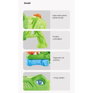 Pistol cu Apa pentru Copii, Rezervor, Pentru Piscina/Plaja, Flippy, 6ani+, Triceratops, 3 duze, Verde, 1330ML - Img 3