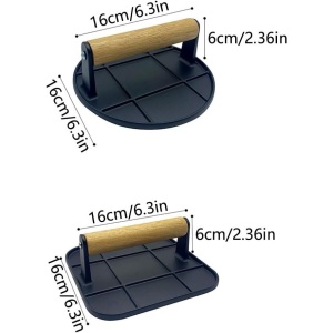 Presa Manuala pentru Carne, Flippy, din Aliaj de Aluminiu, Maner din Lemn, Presa pentru Burgeri, Usor de Curatat si Folosit, Patrata, 16x16x6 cm, Neagra - Img 5