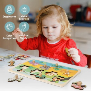Puzzle Montessori din Lemn pentru Copii, Flippy, 0-3 Ani, Model Animale din Jungla, Educativ, Intuitiv, Creativ, 9 Piese, 30x22.5x0.8 cm, Multicolor - Img 7