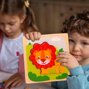 Puzzle Montessori din Lemn pentru Copii, Flippy, 3D, 0-3 Ani, Model Leu, Educativ, Intuitiv, Creativ, 3 Piese, 15x15x0.5 cm, Multicolor - Img 9
