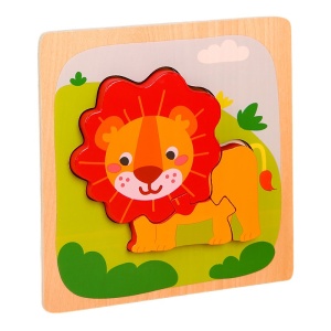Puzzle Montessori din Lemn pentru Copii, Flippy, 3D, 0-3 Ani, Model Leu, Educativ, Intuitiv, Creativ, 3 Piese, 15x15x0.5 cm, Multicolor - Img 1