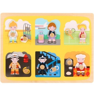 Puzzle Montessori din Lemn pentru Copii, Flippy, 3D, 0-3 Ani, Model Profesii, Educativ, Intuitiv, Creativ, 6 Piese, Multicolor - Img 1