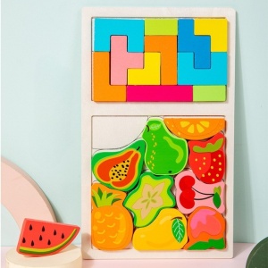 Puzzle Montessori din Lemn pentru Copii, Flippy, Tip Tetris 2in1 +3 Ani, cu Fructe Colorate 3D, Educativ, Intuitiv, Creativ, 21 de Piese, 28.5x17x1.2 cm, Multicolor - Img 8