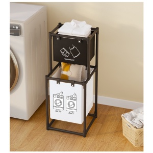 Raft/Cos Depozitare Haine Murdare, Flippy, pentru Baie, cu 2 Etaje, 2 Cosuri, Cadru de Otel Inoxidabil, 97 x 44 x 31 cm, Negru - Img 3
