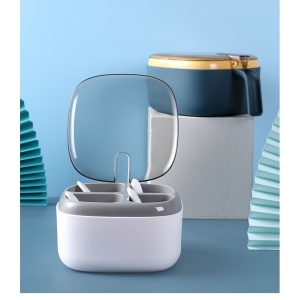 Recipient pentru condimente Flippy, 4 casute, potrivit pentru sare, cimbru, piper, condimente, 4 lingurite din plastic, capac din plastic, maner, 14x14x8 cm, alb - Img 4