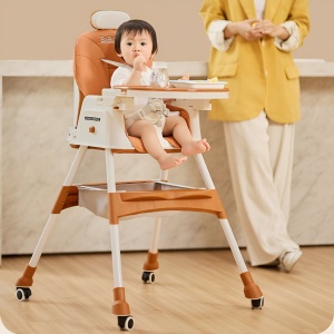 Scaun de Masa pentru Bebelusi si Copii Flippy, cu Roti, cu Tetiera, Telescopic, Pliabil, Masuta Reglabila, Suport Picioare, Scaun cu Invelis Piele Artificiala, Centura Siguranta, Spatiu Depozitare, 97 x 73 x 65 cm, Maro - Img 8
