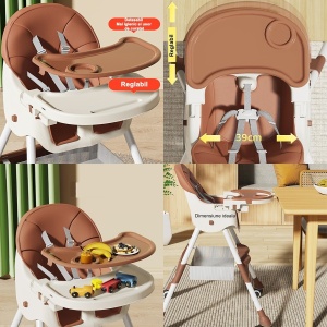 Scaun de masa pentru bebelusi si copii Flippy, cu roti, telescopic, pliabil, masuta reglabila, suport picioare, scaun invelis piele artificiala, centura siguranta, spatiu depozitare, 97 x 73 x 65 cm, maro - Img 3