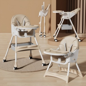 Scaun de Masa pentru Bebelusi si Copii, Flippy, cu Roti, Telescopic, Pliabil, Masuta Reglabila, Suport Picioare, Scaun cu Invelis Piele Artificiala, Centura Siguranta, Spatiu Depozitare, 97x73x65 cm, Bej - Img 3