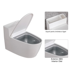Scrumiera creativa Flippy, Forma de Toaleta, Capac Alb , Material ABS si Otel Inoxidabil, 12.5 x 9.8 x 8.4 cm, Fixare prin Lipire sau De Sine Statator, pentru Baie, Camera, Bucatarie, Balcon, Alb - Img 2