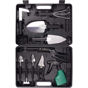 Set 10 Unelte de Gradina, Flippy, pentru Plantare Prelucrare Sol si Ingrijire Plante, Manere Negre, Material PVC si Otel Inoxidabil, Cutie Inclusa, 37x28x7 cm, Negru - Img 1