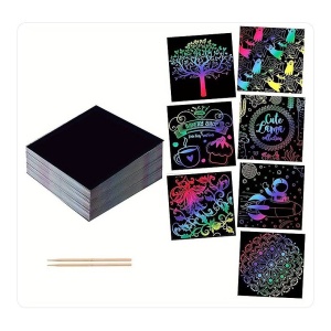 Set 100 de Foi de Hartie de Razuit, Flippy, cu Creion din Bambus, pentru Desen, 8.5 x 8.5, Curcubeu, Negru - Img 1