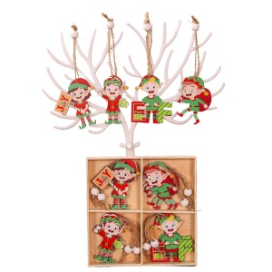 Set 12 Decoratiuni de Craciun din Lemn, Flippy, cu Snur pentru Agatare in Brad, Model Elfi Diferite Dimensiuni, 4 Modele, Multicolor - Img 1