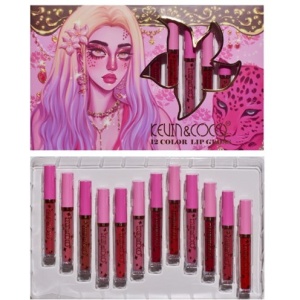 Set 12 Lip Gloss Kevin&Coco, nuante de rosu, rose, nude, roz, cutie dreptunghiulara, 26.5x16.5x2.2 cm, 200 g, multicolor - Img 1